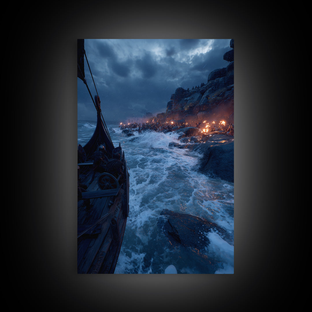 Viking Longship Landing On Stormy Coast Canvas Print, Norse Seascape Wall Art, Maritime Decor, Dark Fantasy Gift For Him