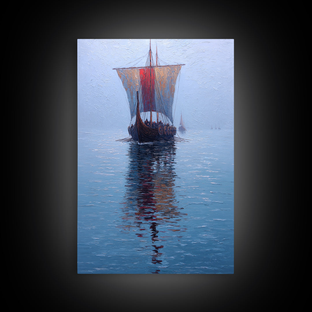 Viking Longship Sailing On Blue Water Framed Canvas Print, Nautical Wall Art, Nordic Seascape Decor, Lake House Art Print