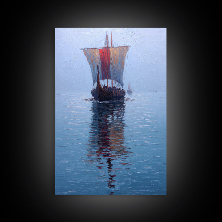 Viking Longship Sailing On Blue Water Framed Canvas Print, Nautical Wall Art, Nordic Seascape Decor, Lake House Art Print