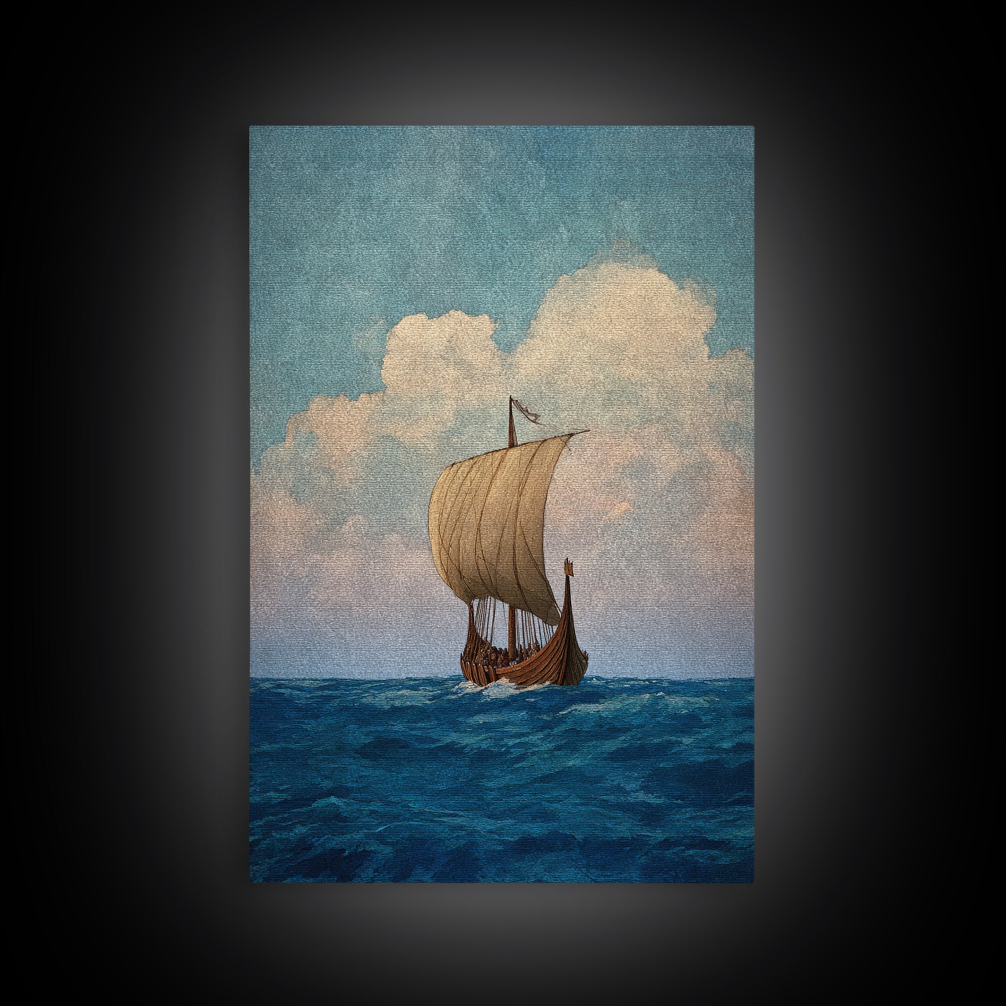 Viking Longship Sailing On Blue Sea Wall Art, Nautical Canvas Print, Scandinavian Coastal Decor, Historical Travel Poster