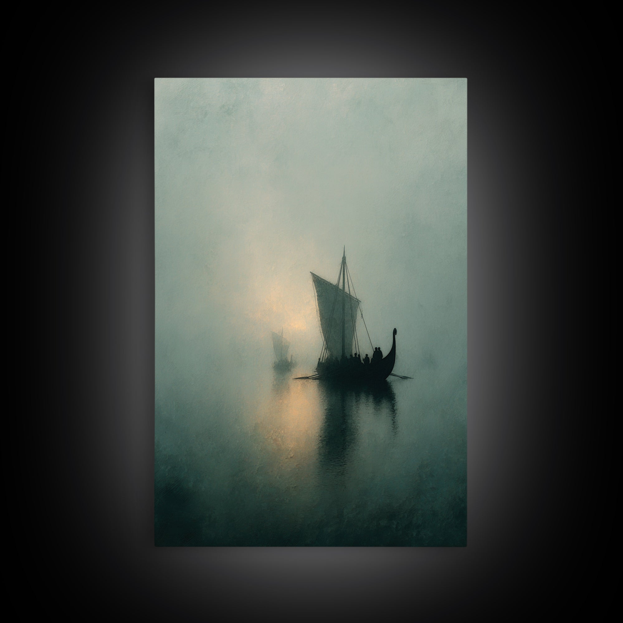 Misty Viking Sailboat On Foggy Water, Framed Canvas Print, Moody Seascape Wall Art, Nautical Decor, Nordic Coastal Art Print