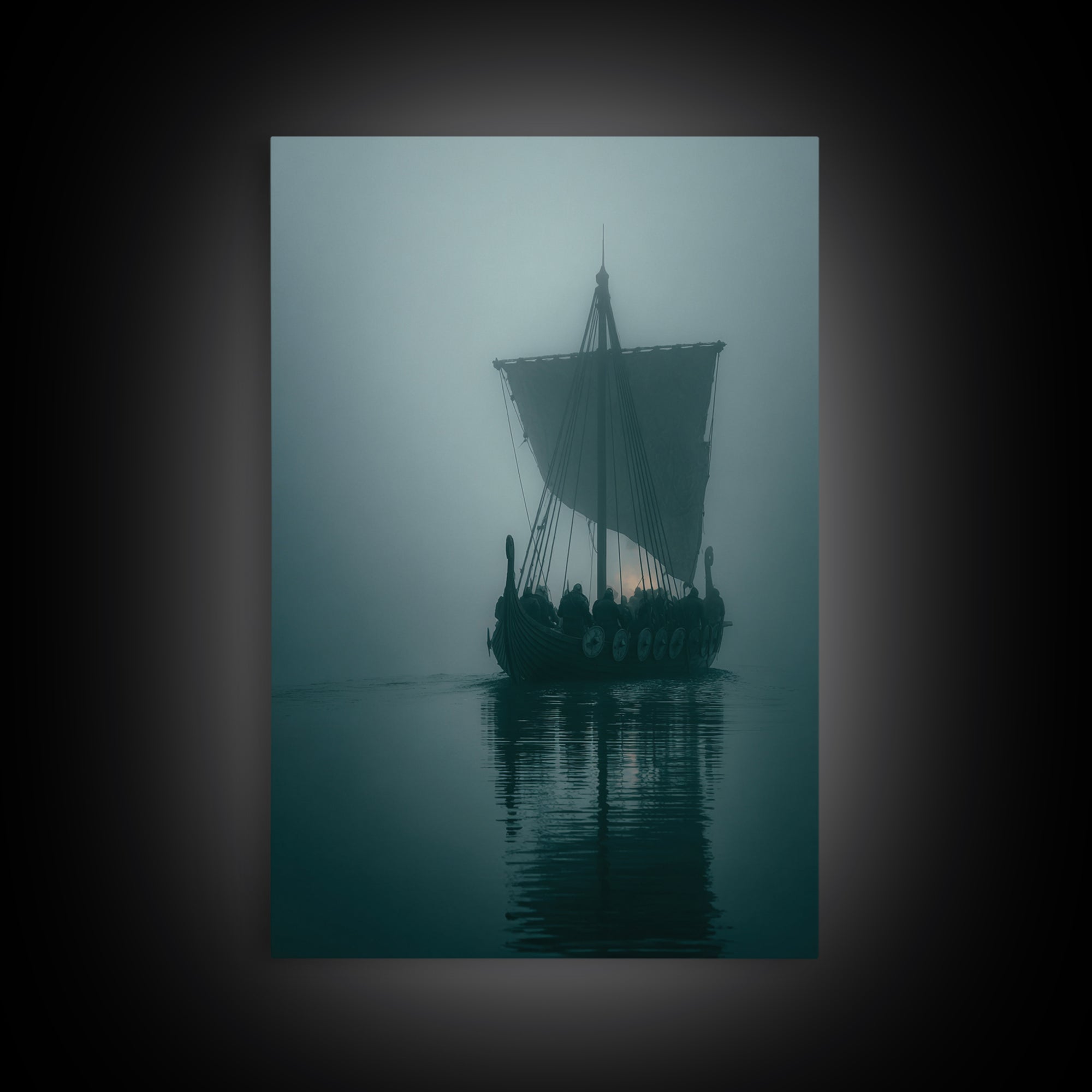 Misty Viking Longship On Dark Water Wall Art, Nordic Nautical Canvas Print, Moody Coastal Decor, Fantasy Seascape Living Room Art