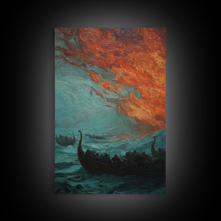 Viking Longships Under Fiery Storm Sky Wall Art, Norse Seascape Canvas Print, Dark Academia Coastal Home Decor, Living Room Decor