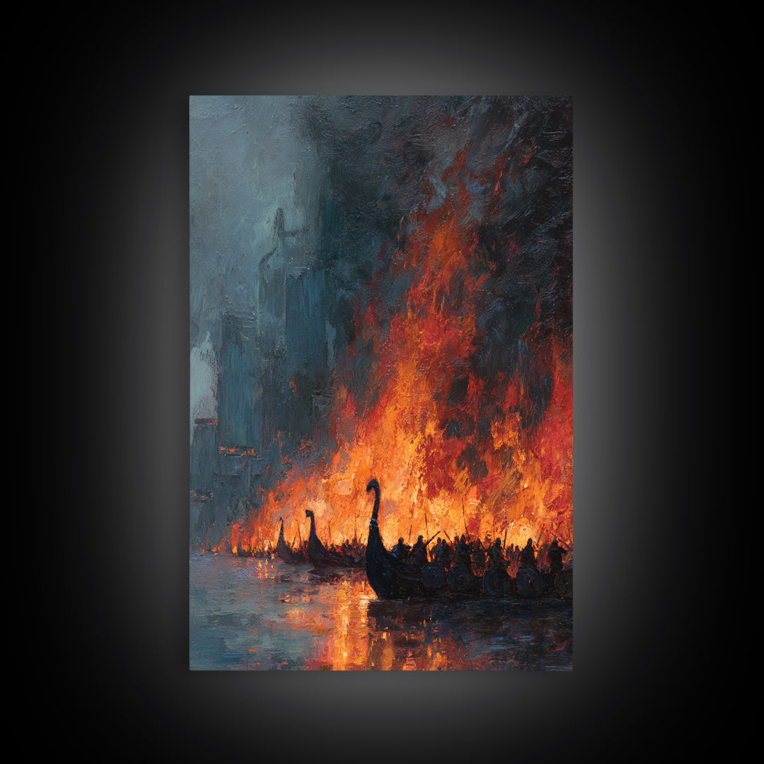 Burning Viking Ships On Dark Harbor Wall Art, Epic Historical Battle Canvas, Moody Seascape, Fantasy Living Room Decor, Home Decor