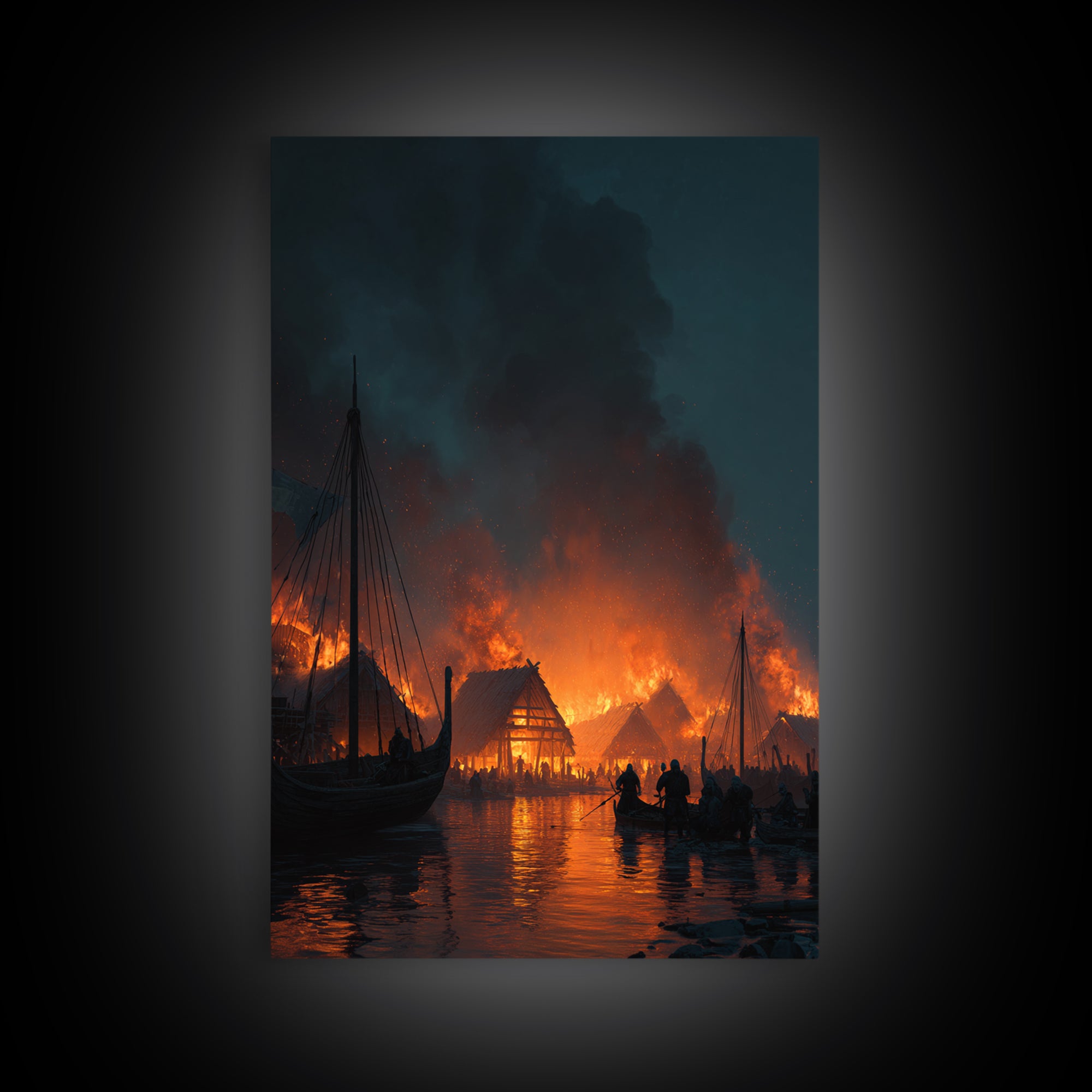 Burning Viking Harbor At Night Wall Art, Nordic Village Canvas Print, Dark Fantasy Decor, Moody Seascape Living Room Art