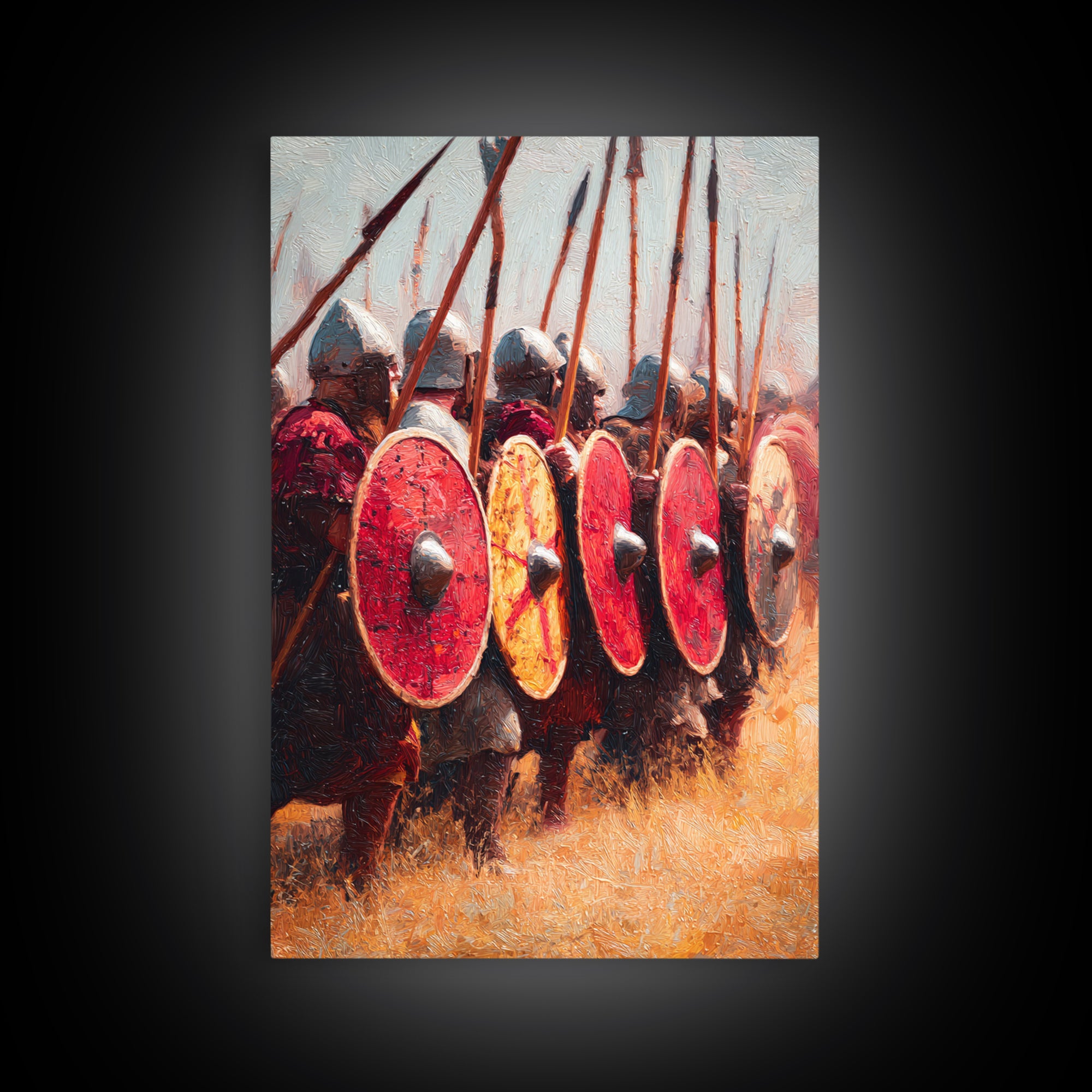 Viking Shield Wall With Red Round Shields Canvas Print, Medieval Warrior Wall Art For Rustic Game Room Decor And Gift For Him