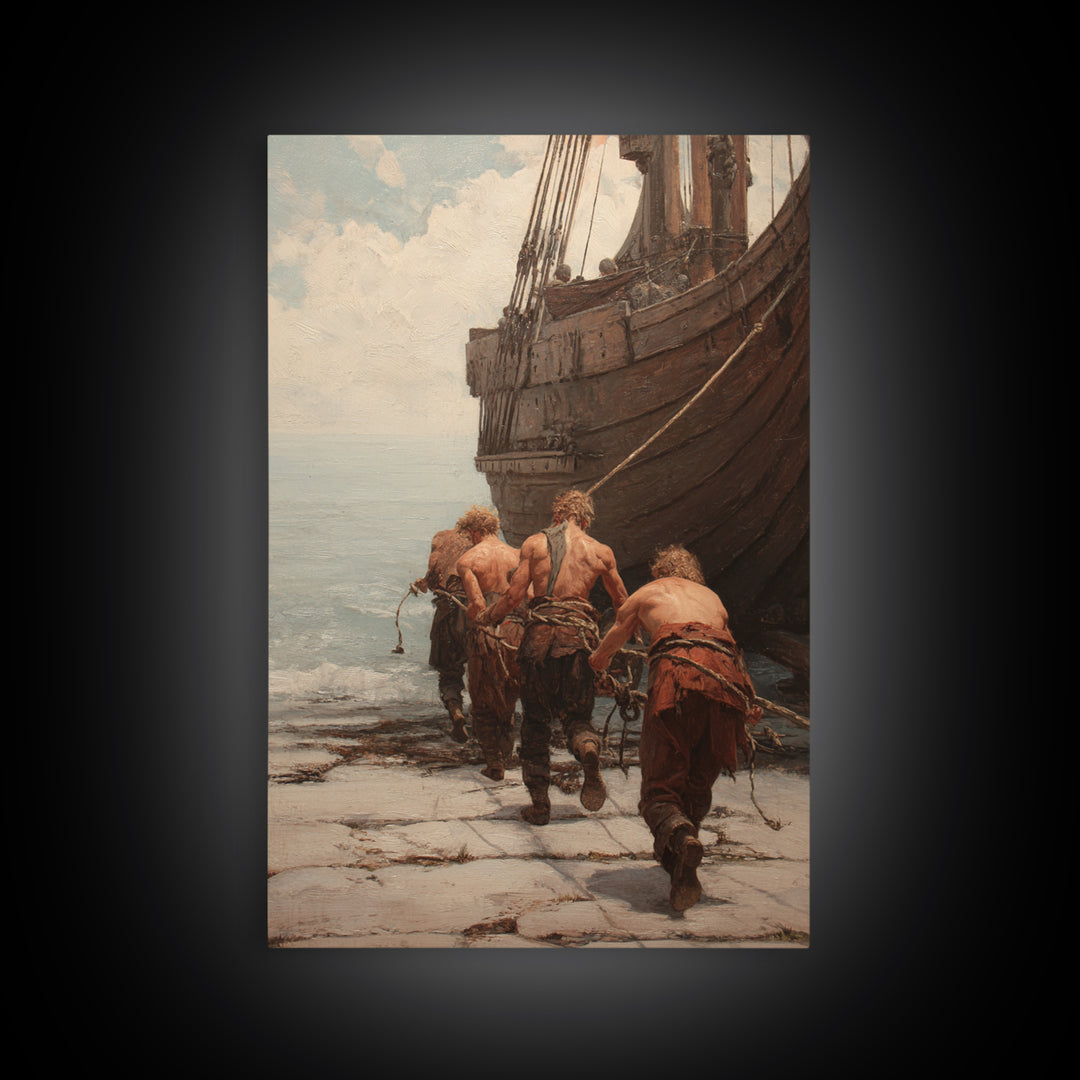 Ancient Ship Haulers Canvas Print, Roman Harbor Warrior Wall Art, Historical Oil Painting, Masculine Office Decor Gift For Him