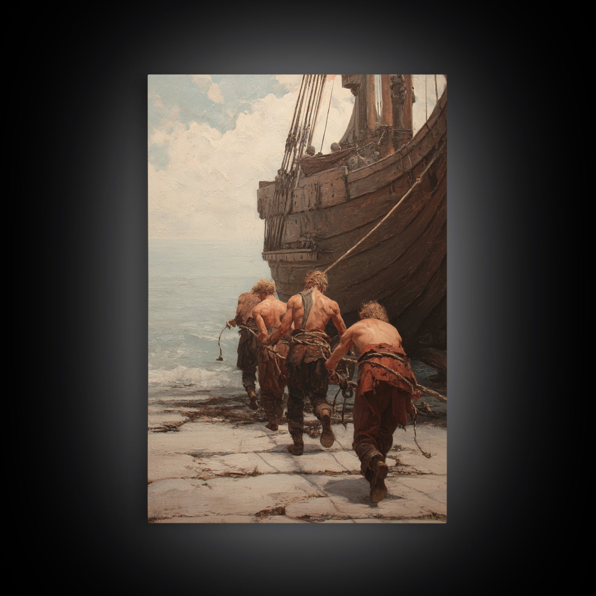 Ancient Ship Haulers Canvas Print, Roman Harbor Warrior Wall Art, Historical Oil Painting, Masculine Office Decor Gift For Him