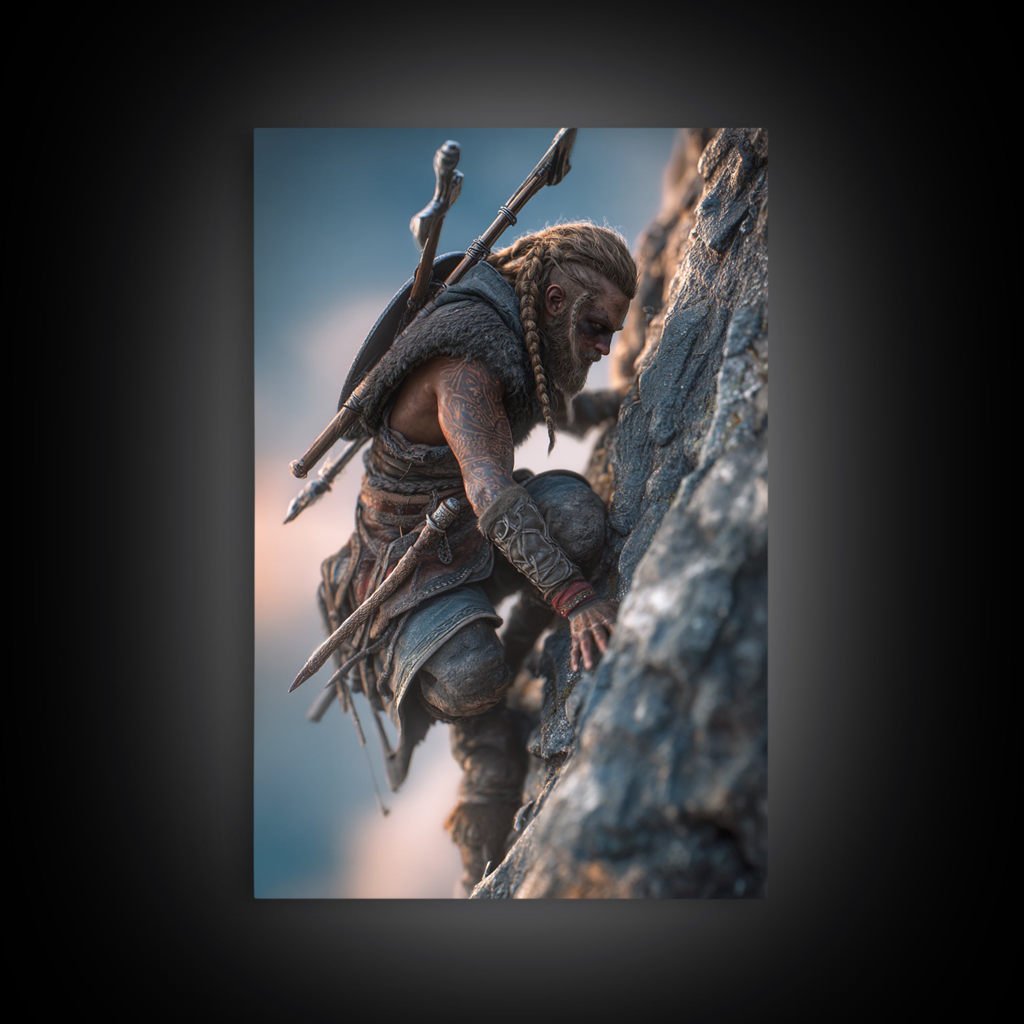 Viking Climbing Sheer Mountain Cliff Framed Canvas Print, Norse Warrior Wall Art, Fantasy Adventure Decor Print, Gift For Him