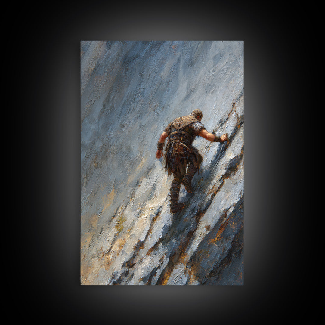 Viking Climber Scaling Icy Mountain Face Framed Canvas Print, Adventure Wall Art, Norse Landscape Office Decor, Gift For Him