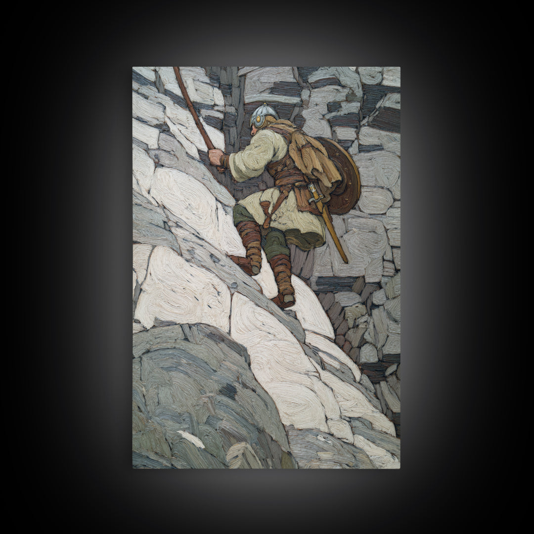 Viking Climber Scaling Snowy Cliffs Canvas Print, Norse Adventure Wall Art, Mountain Landscape Decor, Rustic Cabin Gift Print