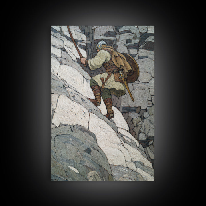 Viking Climber Scaling Snowy Cliffs Canvas Print, Norse Adventure Wall Art, Mountain Landscape Decor, Rustic Cabin Gift Print
