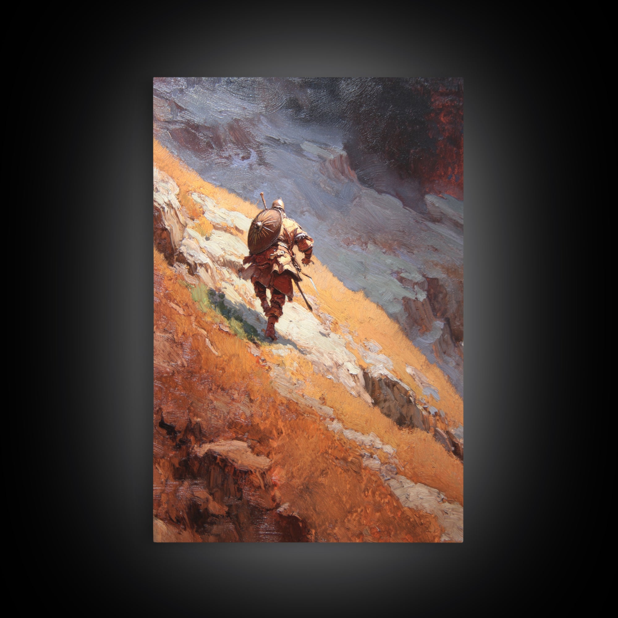 Armored Warrior Hiking Rugged Mountain Pass Canvas Print, Fantasy Landscape Art, Viking Wall Decor, Adventure Home Decor