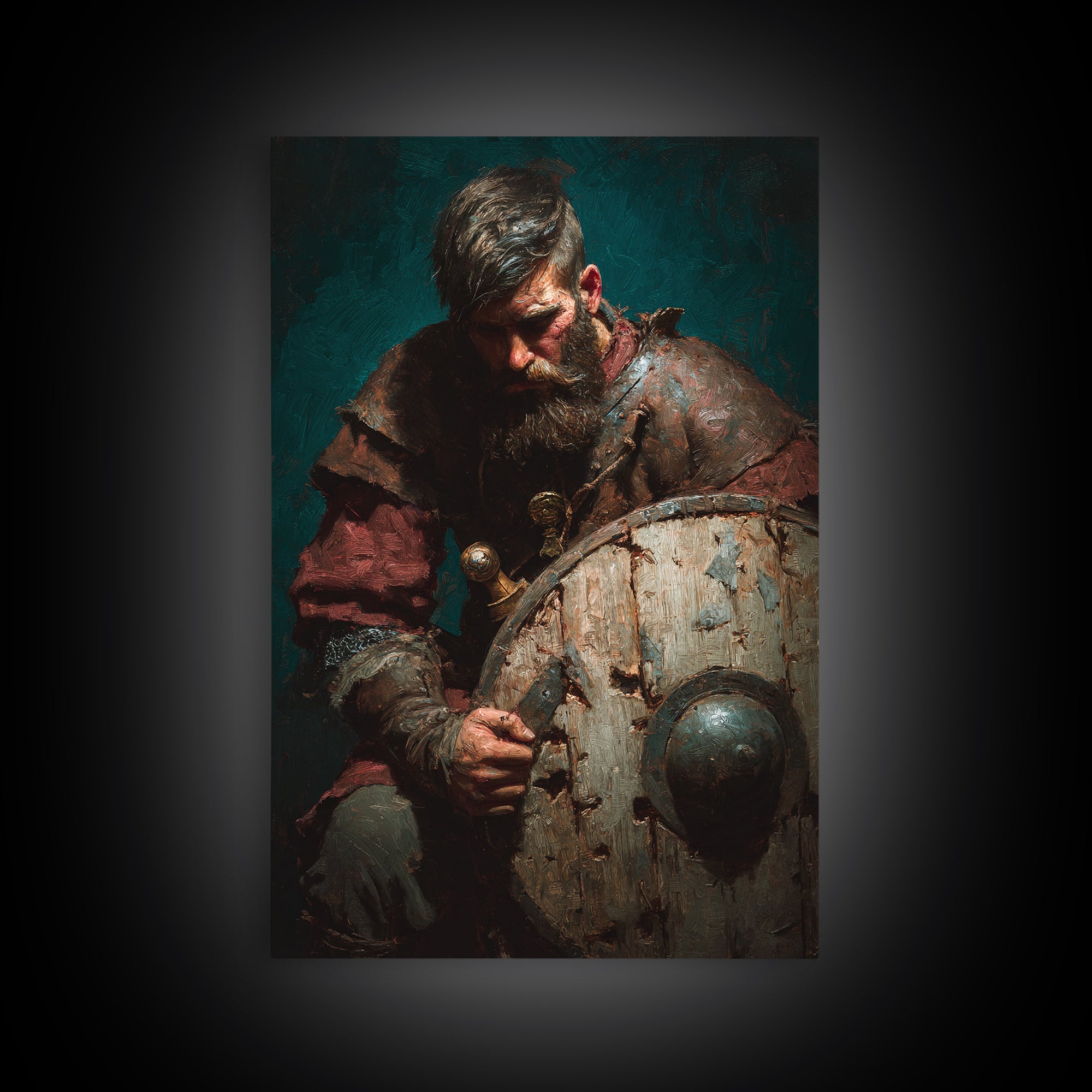 Bearded Viking With Weathered Shield, Canvas Print, Dark Academia Wall Decor, Medieval Portrait Art, Masculine Office Decor