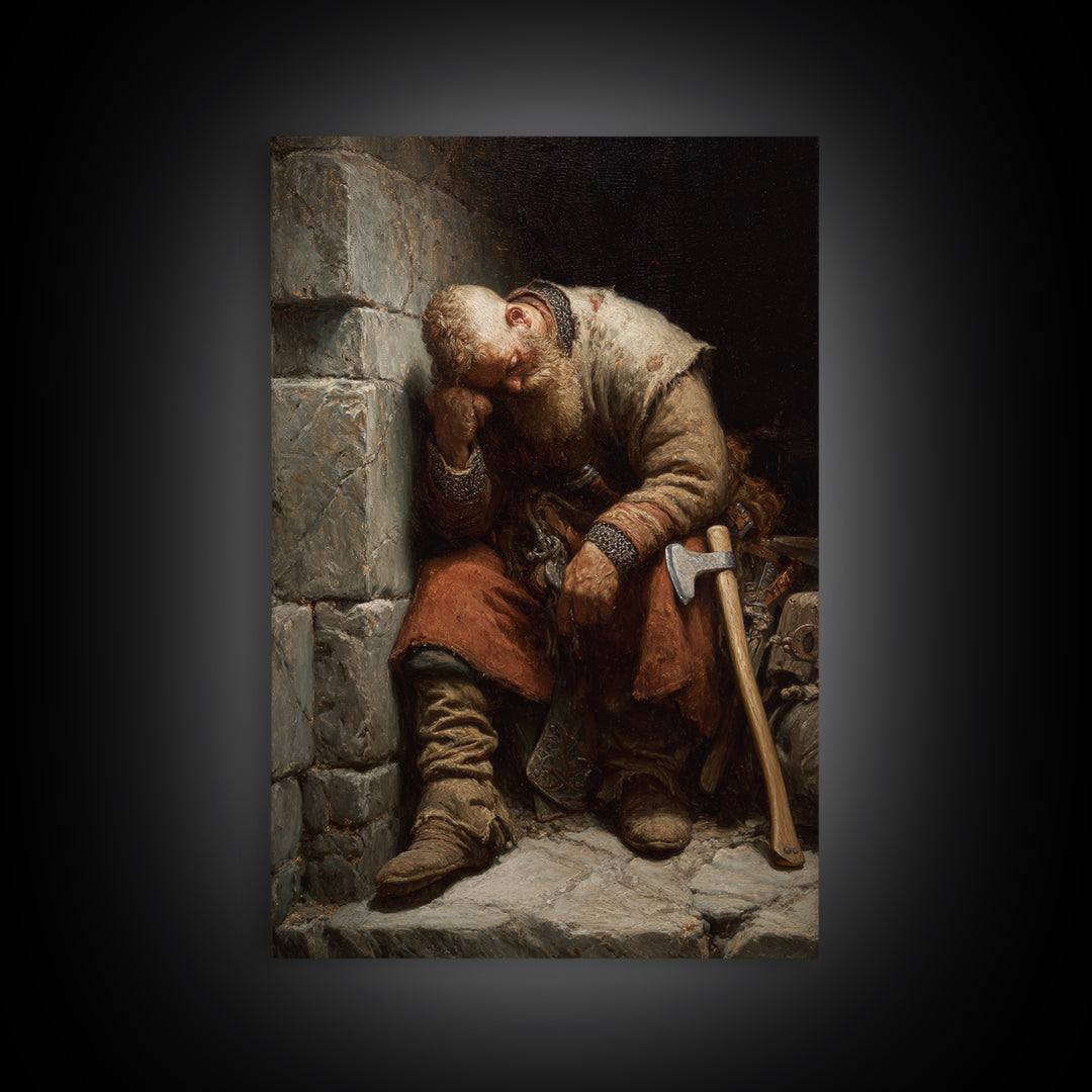 Exhausted Medieval Blacksmith Sleeping By Stone Wall, Canvas Print, Rustic Wall Art, Historical Portrait, Workshop Decor