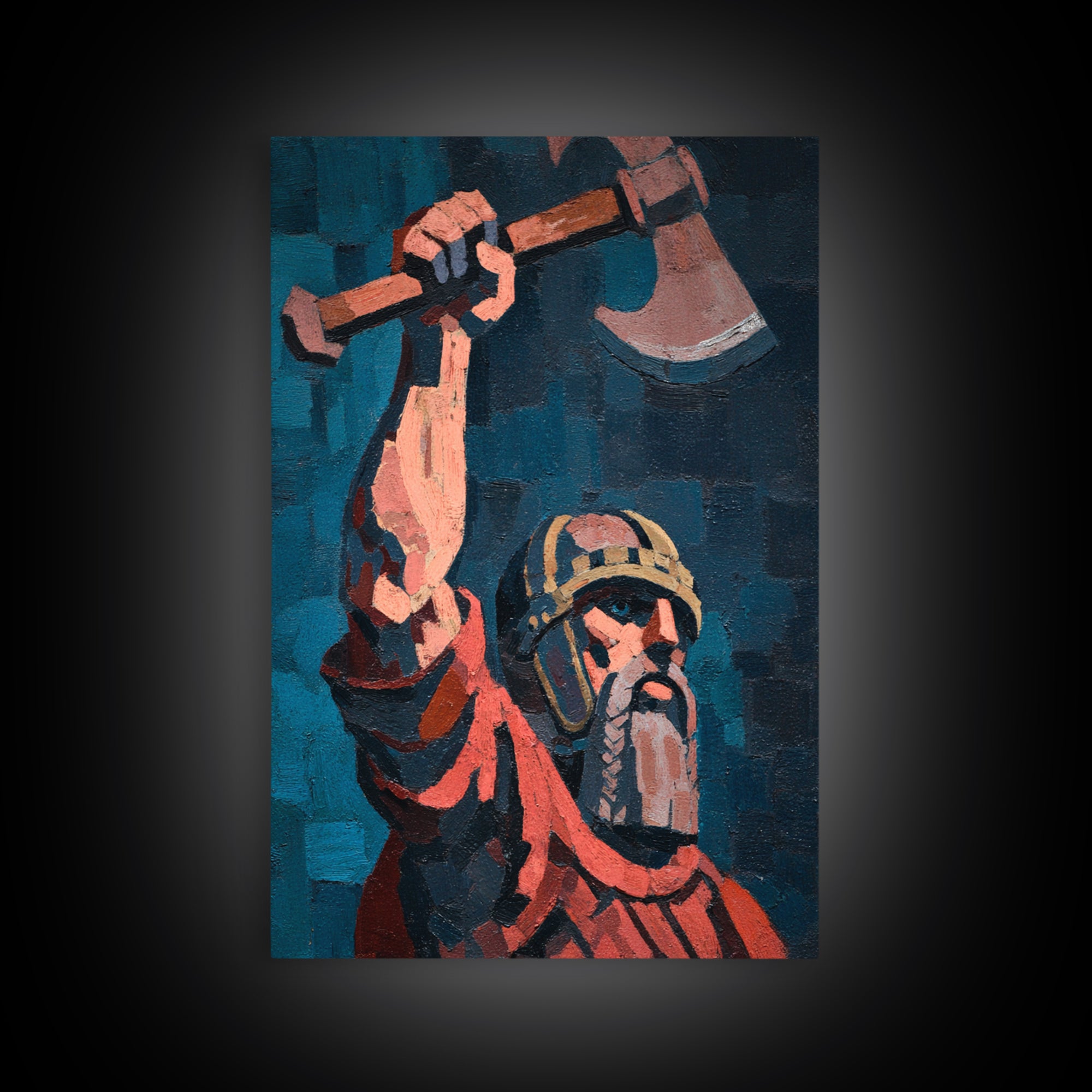Rustic Viking Warrior Axe Holding Oil Painting Canvas Print For Masculine Wall Art And Western Home Decor