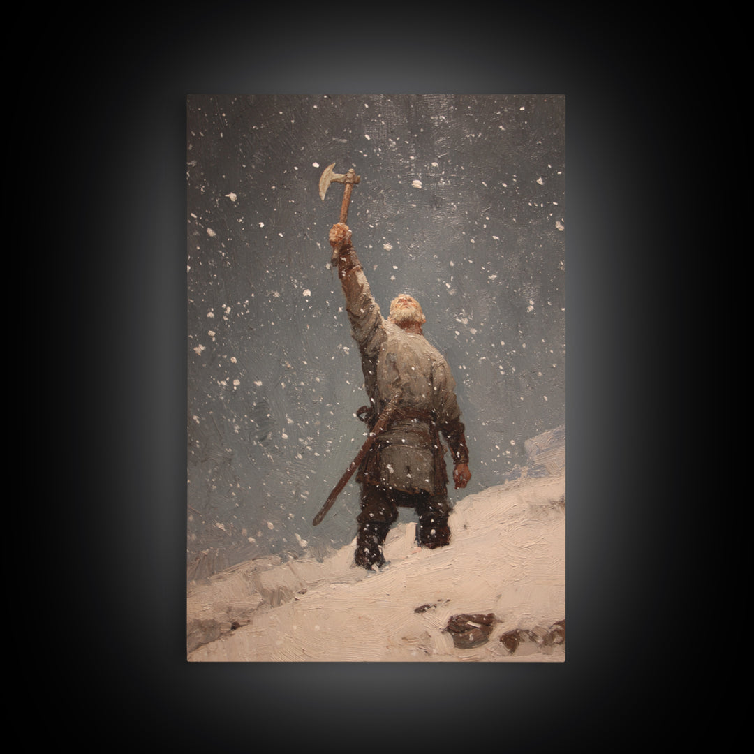 Snowy Viking Warrior Raising Axe, Medieval Fantasy Wall Art, Nordic Oil Painting Print, Rustic Cabin Decor, Gift For Him