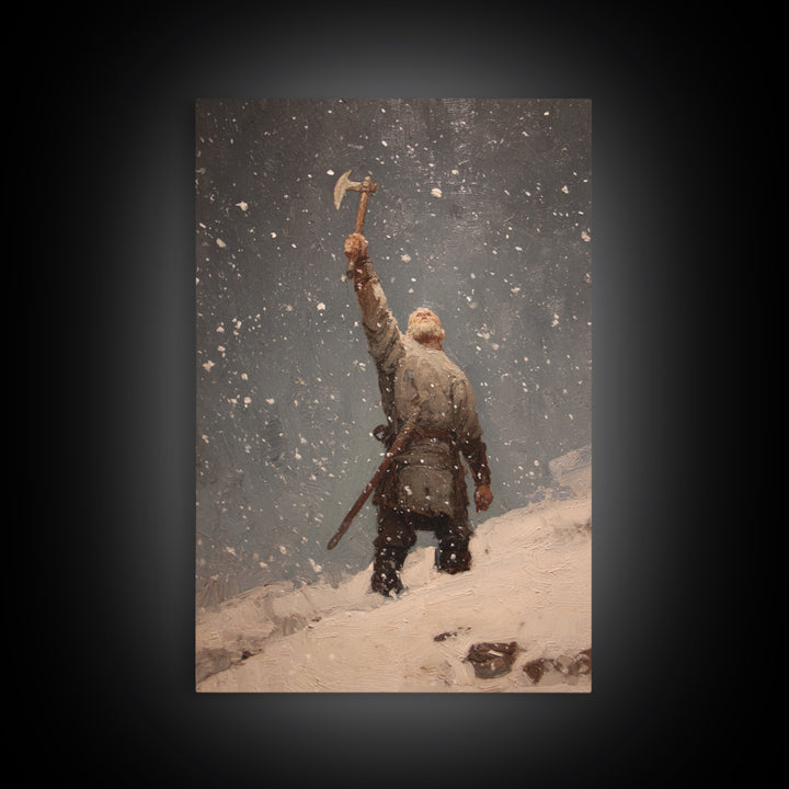 Snowy Viking Warrior Raising Axe, Medieval Fantasy Wall Art, Nordic Oil Painting Print, Rustic Cabin Decor, Gift For Him