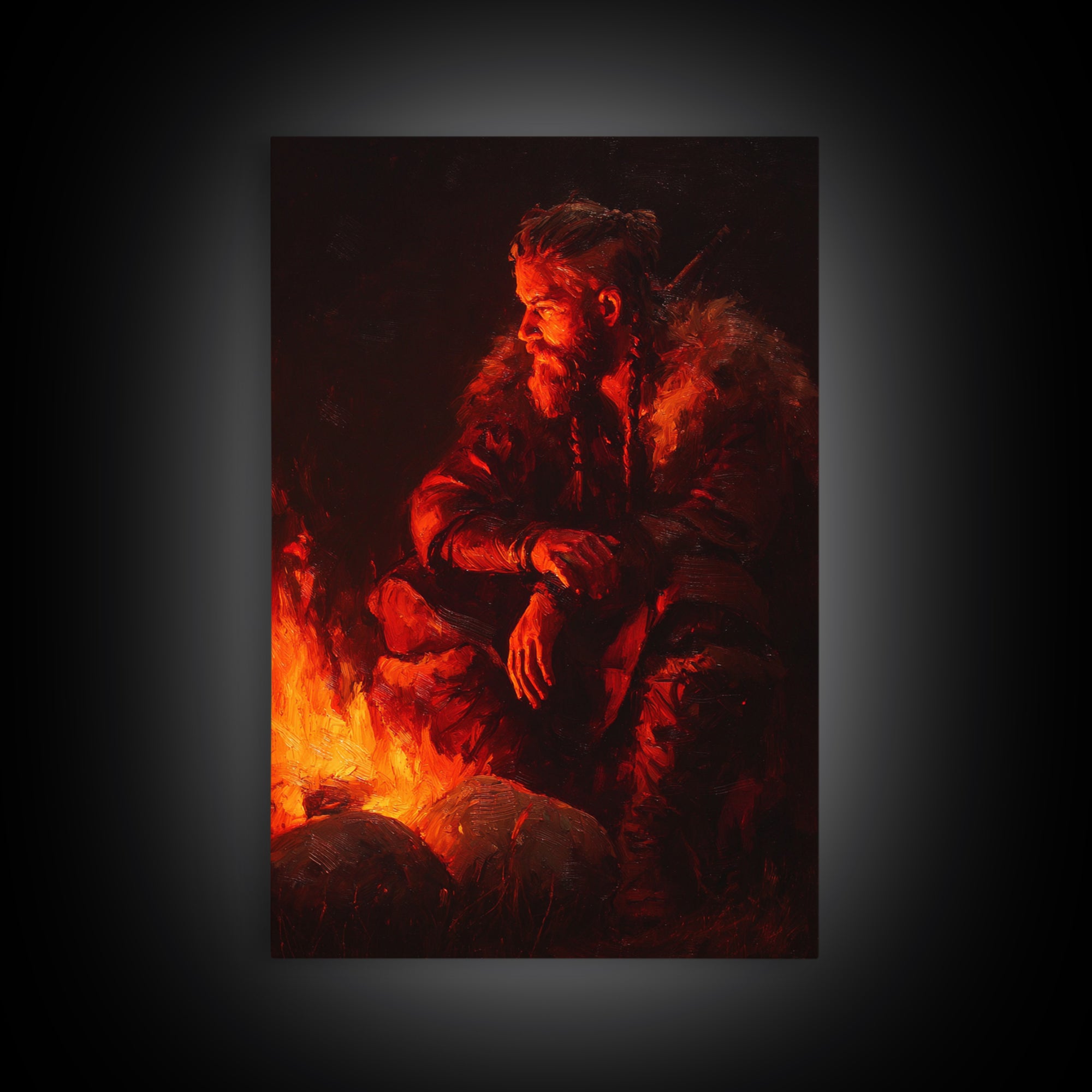 Viking Inspired Bearded Warrior Sitting By Campfire Dramatic Oil Painting Large Framed Canvas Print For Moody Wall Art Rustic Home Décor