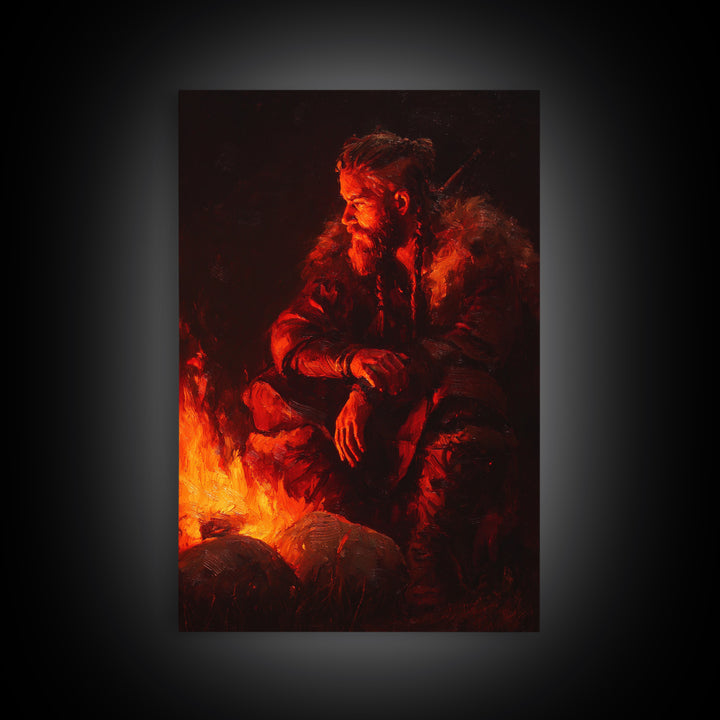Viking Inspired Bearded Warrior Sitting By Campfire Dramatic Oil Painting Large Framed Canvas Print For Moody Wall Art Rustic Home Décor