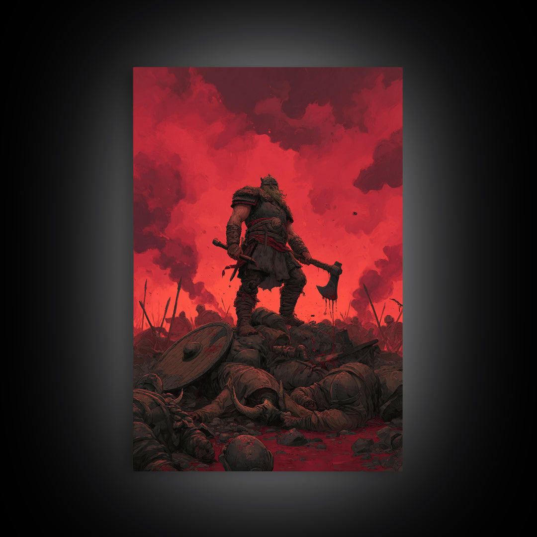 Red Sky Viking Warlord Wall Art, Dark Fantasy Art, Norse Warrior Poster, Gothic Canvas Print, Masculine Game Room Decor Gift