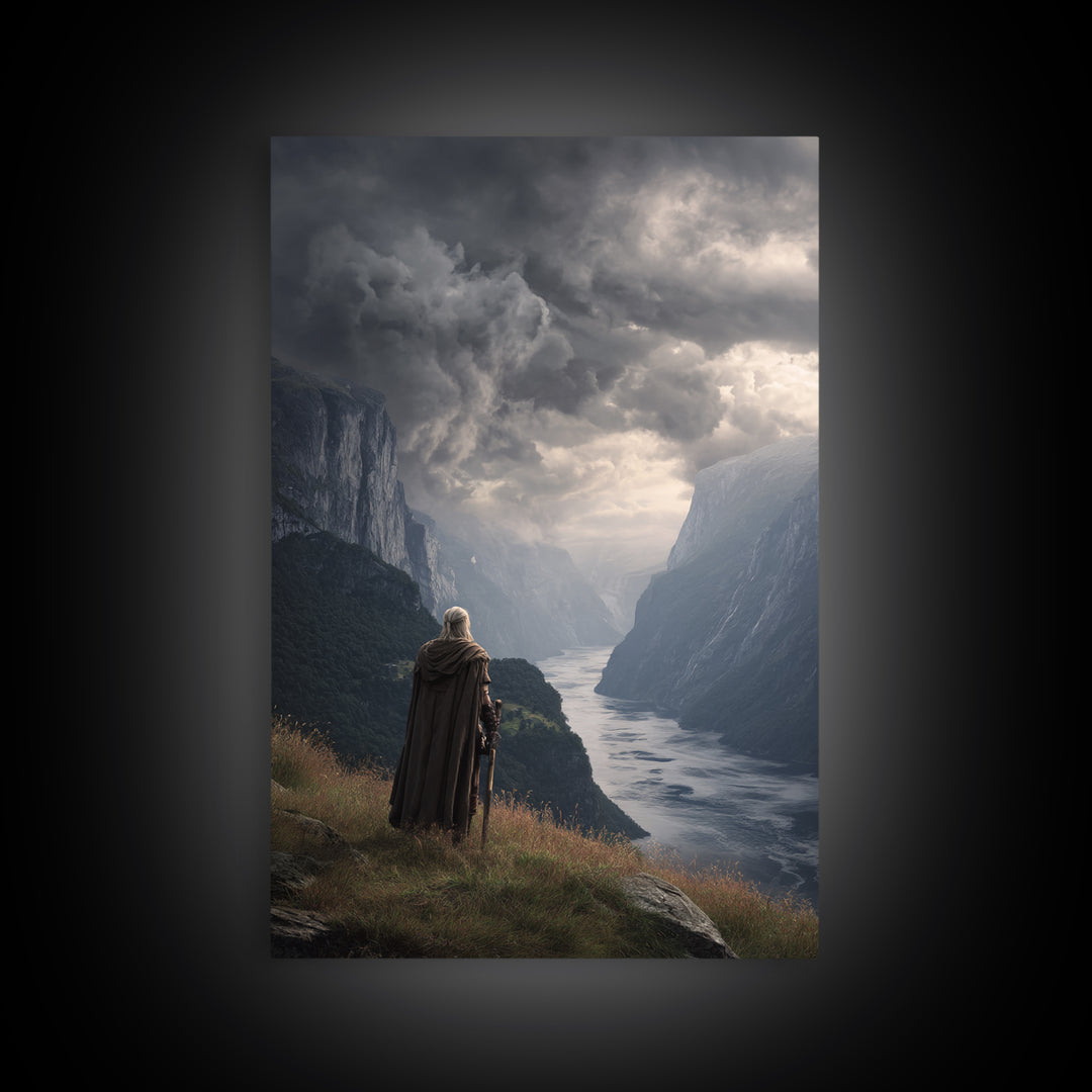 Cloaked Warrior Over Stormy Fjord Wall Art, Epic Nordic Landscape Canvas Print, Dark Academia Decor, Mountain Art Living Room Decor