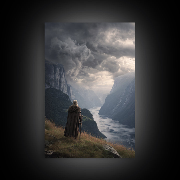 Cloaked Warrior Over Stormy Fjord Wall Art, Epic Nordic Landscape Canvas Print, Dark Academia Decor, Mountain Art Living Room Decor