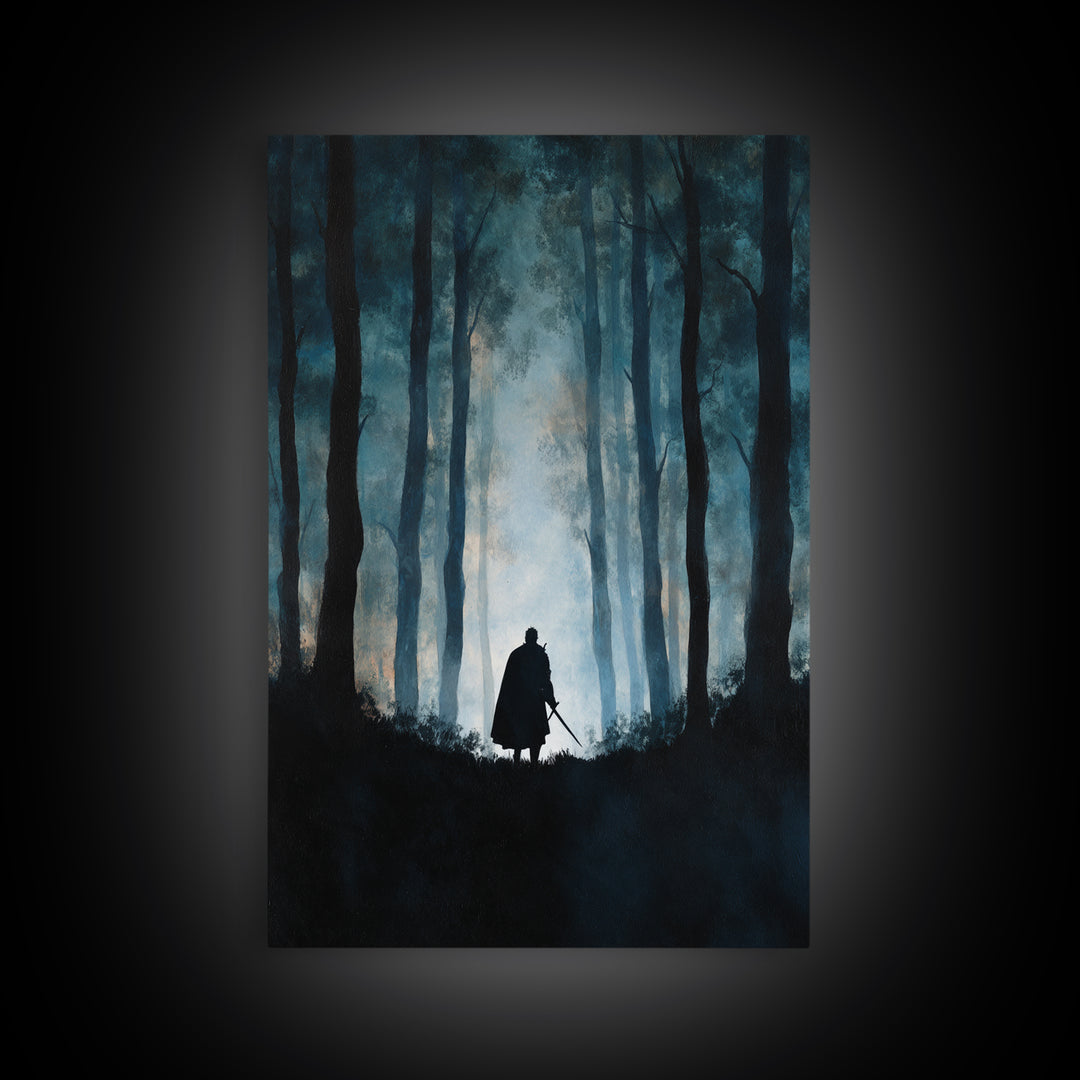Lone Warrior In Misty Blue Forest Wall Art, Dark Fantasy Canvas Print, Moody Woodland Decor, Medieval Adventure Gift For Him