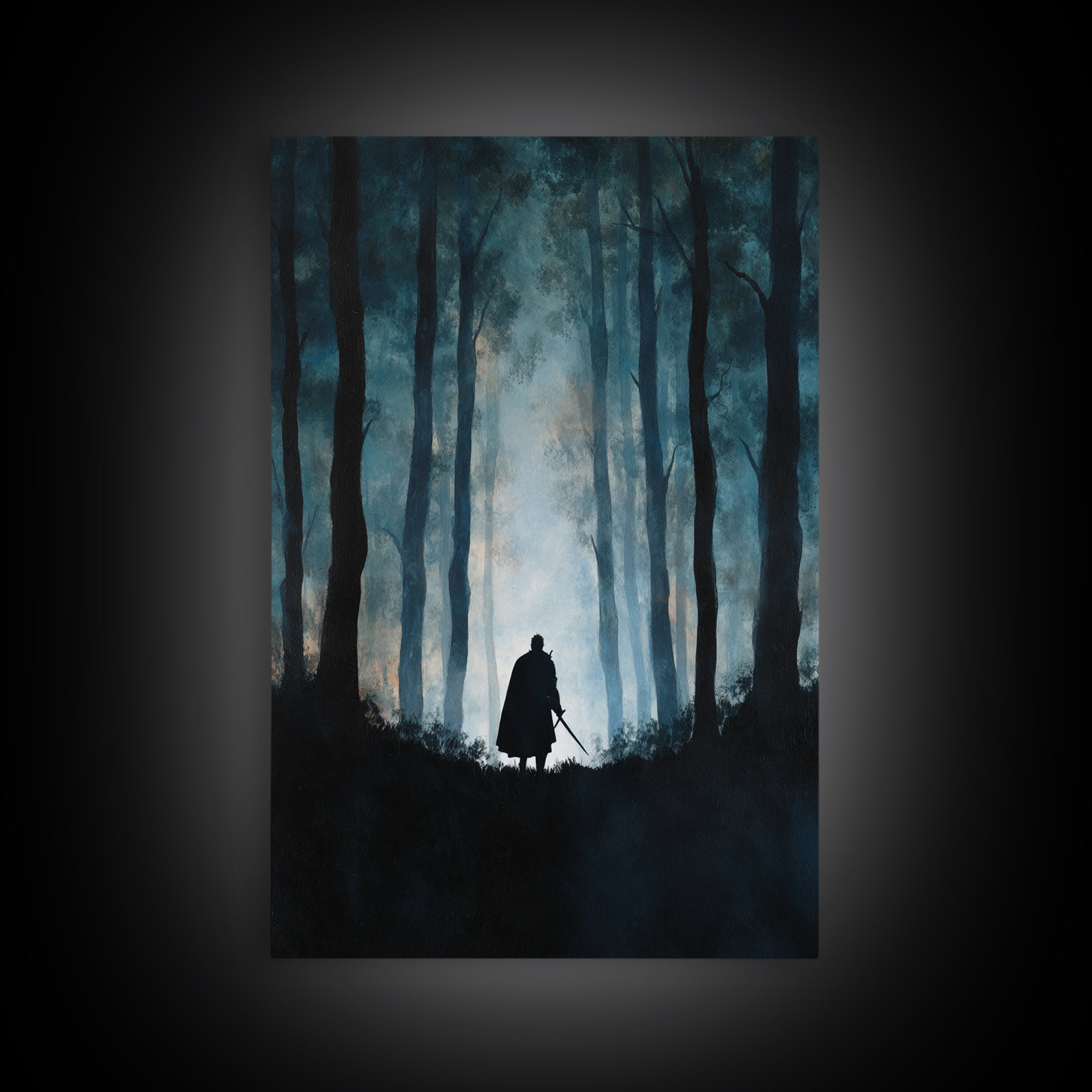 Lone Warrior In Misty Blue Forest Wall Art, Dark Fantasy Canvas Print, Moody Woodland Decor, Medieval Adventure Gift For Him