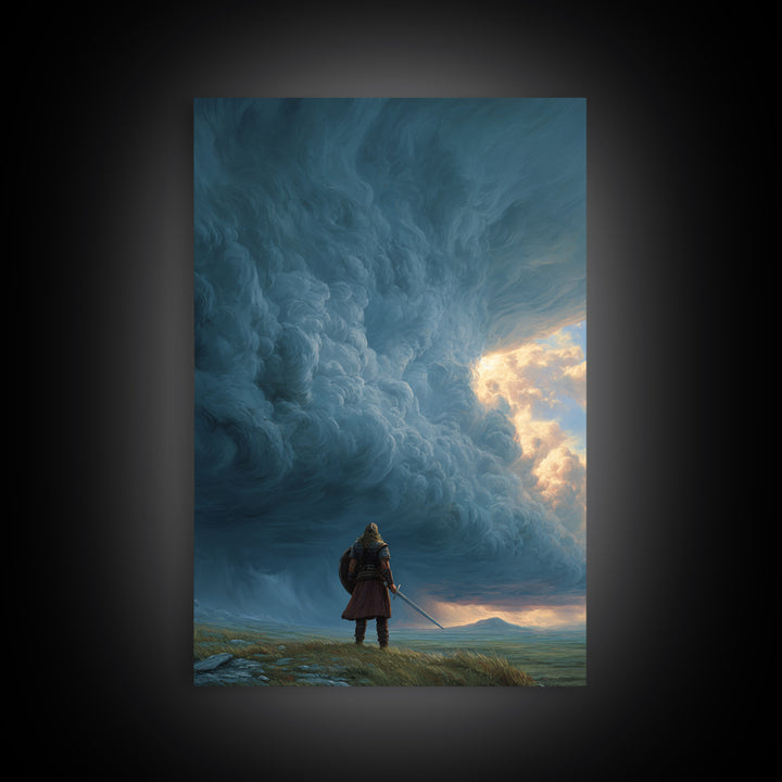 Lone Warrior Beneath Colossal Storm Clouds Wall Art, Fantasy Landscape Canvas, Dramatic Sky Decor, Large Statement Artwork