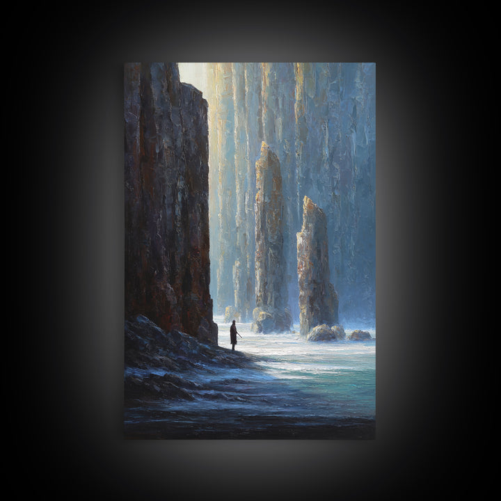 Lone Figure Among Blue Sea Cliffs Canvas Print, Moody Coastal Landscape Art, Fantasy Wall Decor, Modern Home Decor For Office