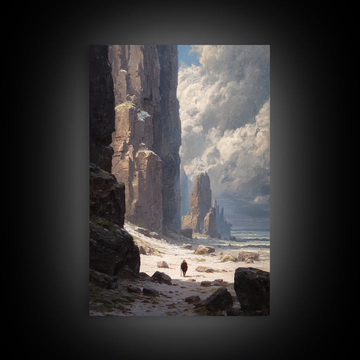 Towering Sea Cliffs And Lone Wanderer Canvas Print, Moody Coastal Landscape Art, Nautical Wall Decor, Living Room Art Print