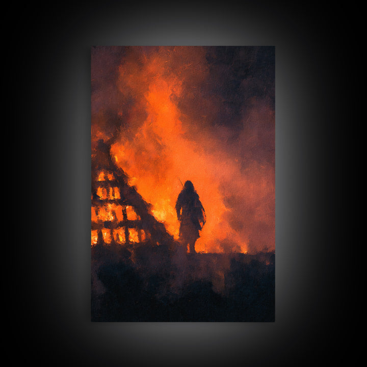 Viking Warrior In Blazing Fire Wall Art, Dark Fantasy Canvas Print, Medieval Battle Decor, Norse Saga Gift For Him, Gothic Decor