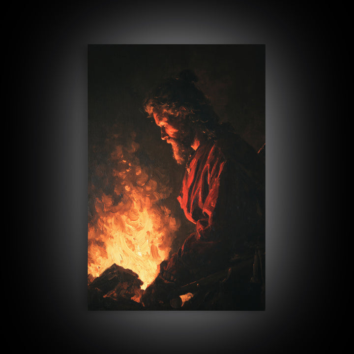 Moody Man Beside Fire Canvas Print, Dark Academia Wall Art, Baroque Inspired Portrait, Rustic Cabin Decor, Gift For Him Print