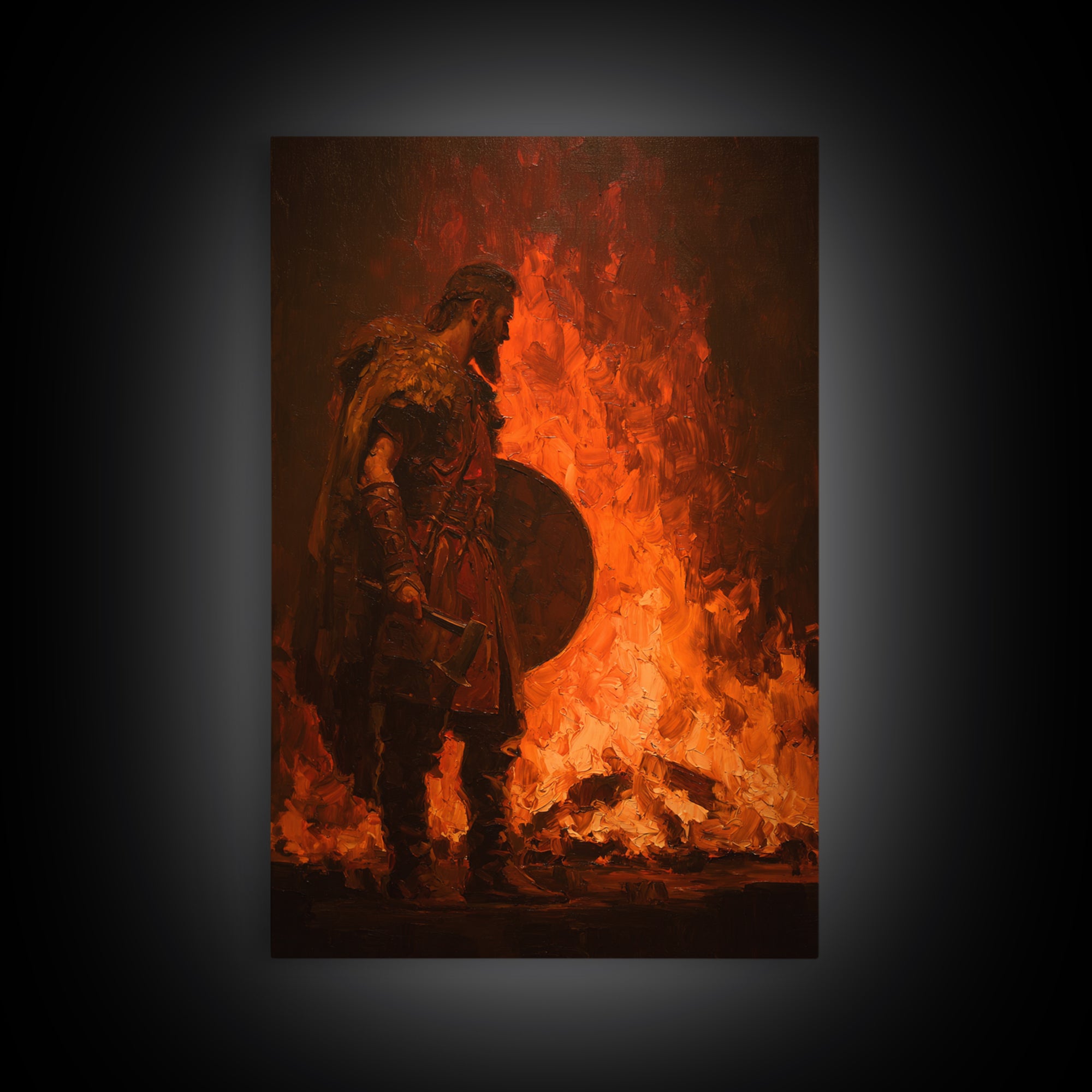 Viking Warrior Beside Blazing Fire Framed Canvas Print, Dark Fantasy Wall Art, Norse Masculine Home Decor, Gift For Him, Office Decor