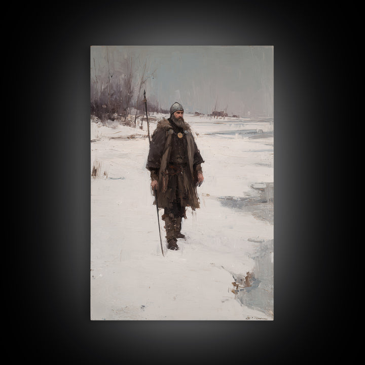 Viking Warrior In Snow Canvas Print, Medieval Winter Landscape Painting, Nordic Wall Art For Rustic Cabin Home Decor Gift
