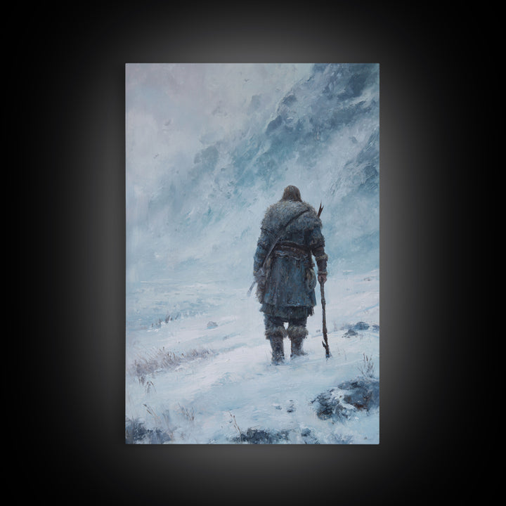 Lone Wanderer In Snowy Mountain Blizzard Wall Art, Viking Winter Landscape Canvas Print For Cabin Decor And Gift For Him