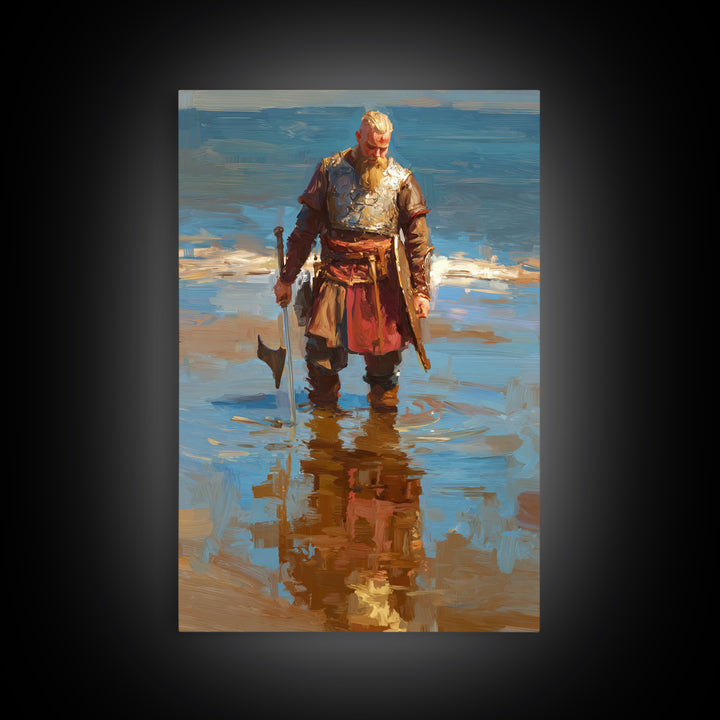 Blond Viking Warrior Standing In Reflective Shore Water Canvas Print, Coastal Fantasy Art, Masculine Wall Decor, Fine Art