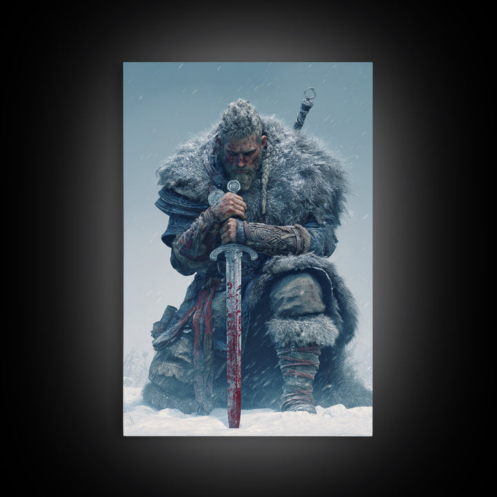 Snowbound Viking Warrior With Bloodied Sword Framed Canvas Print, Norse Wall Art, Masculine Dark Fantasy Decor, Gift For Him