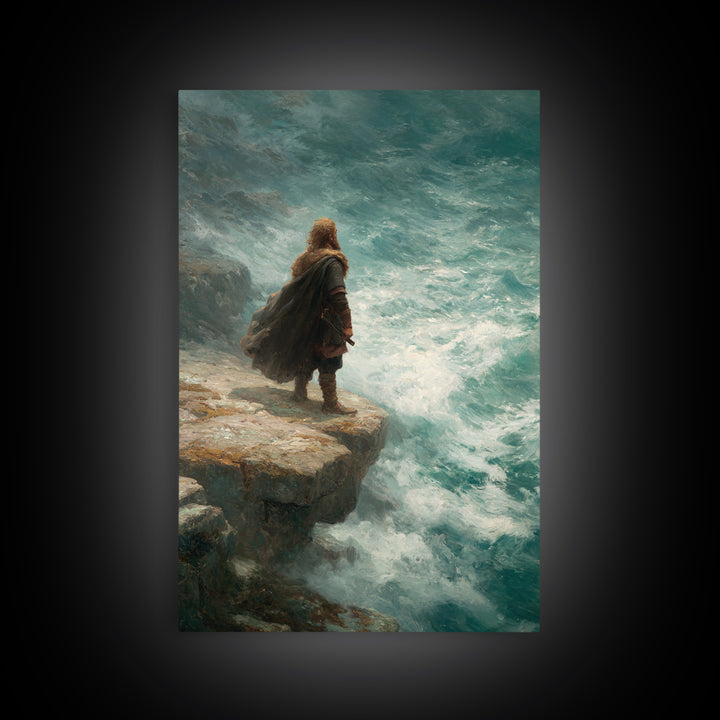 Viking Warrior At Turquoise Sea Wall Art, Coastal Fantasy Canvas Print, Ocean Seascape Painting, Norse Decor Gift For Him