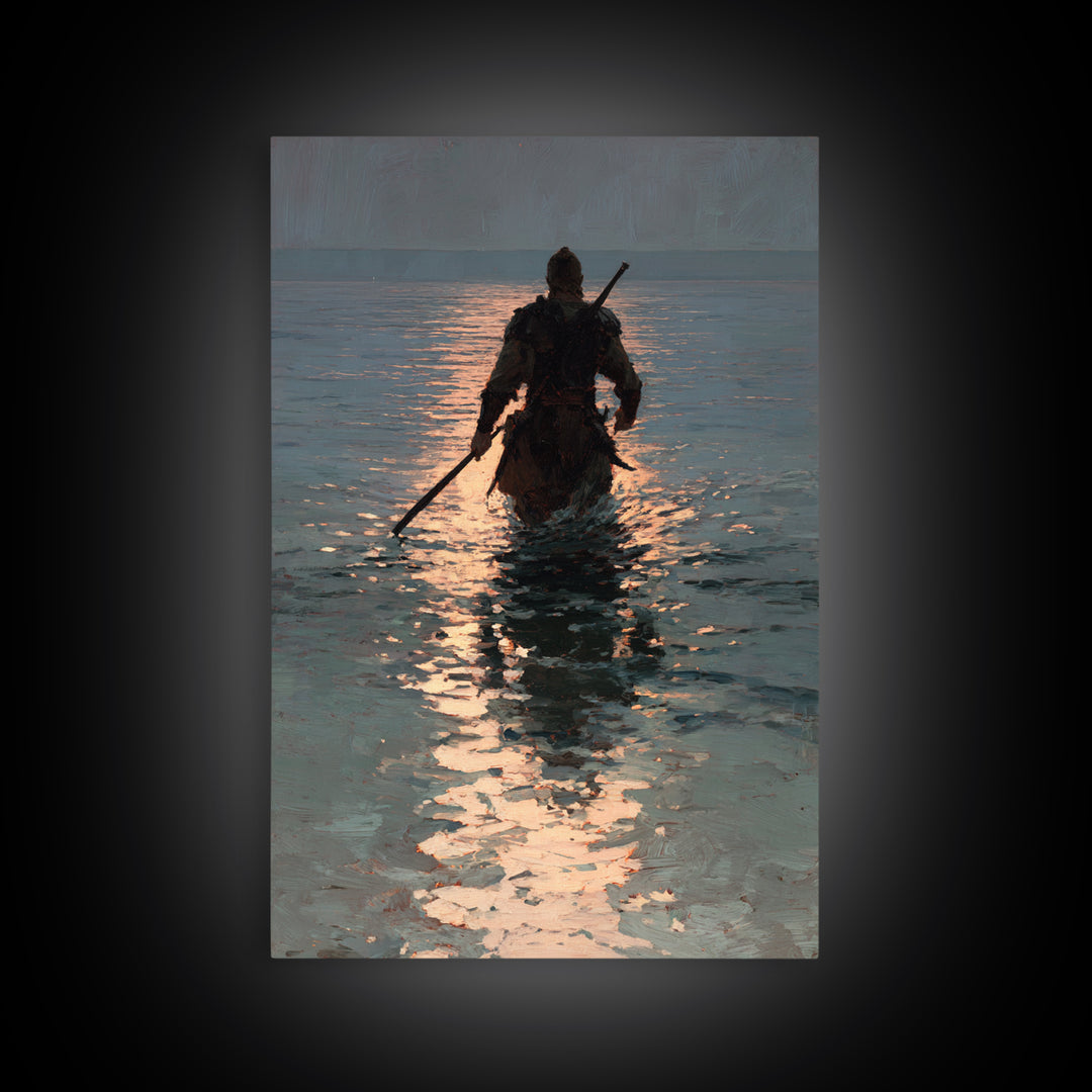 Lone Warrior Wading Through Sunset Sea Wall Art, Moody Seascape Canvas Print, Coastal Fantasy Large Living Room And Office Decor