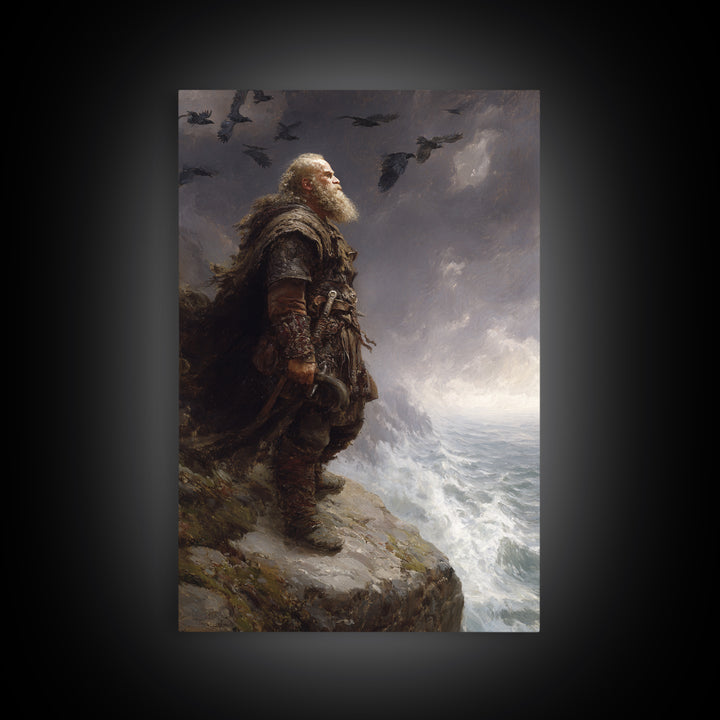 Bearded Viking On Stormy Sea Cliff Wall Art, Norse Raven Seascape Canvas Print, Dark Academia Masculine Decor, Gift For Him