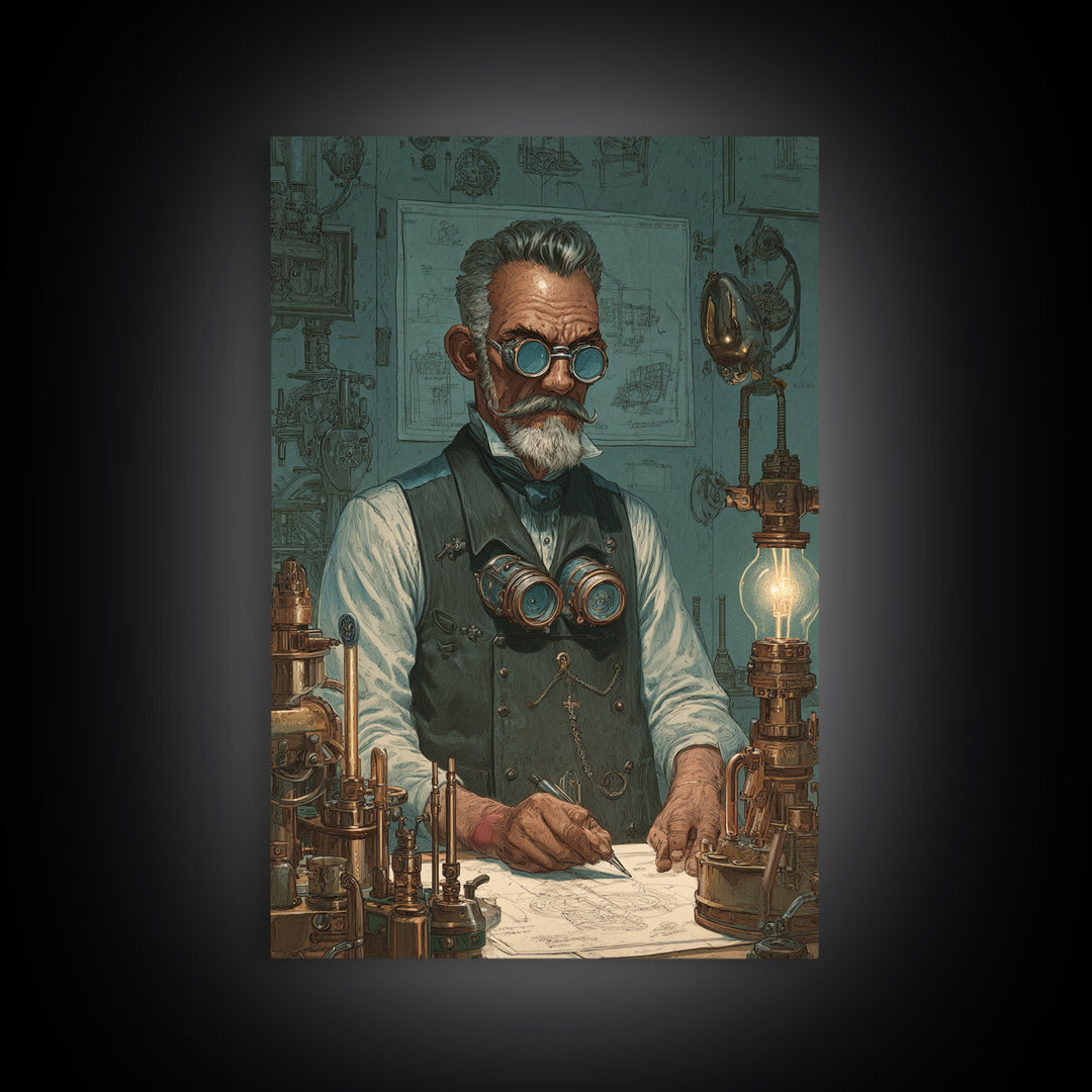 Steampunk Inventor Portrait With Goggles Wall Art, Industrial Office Decor, Science Art Print, Unique Gift For Him, Home Decor