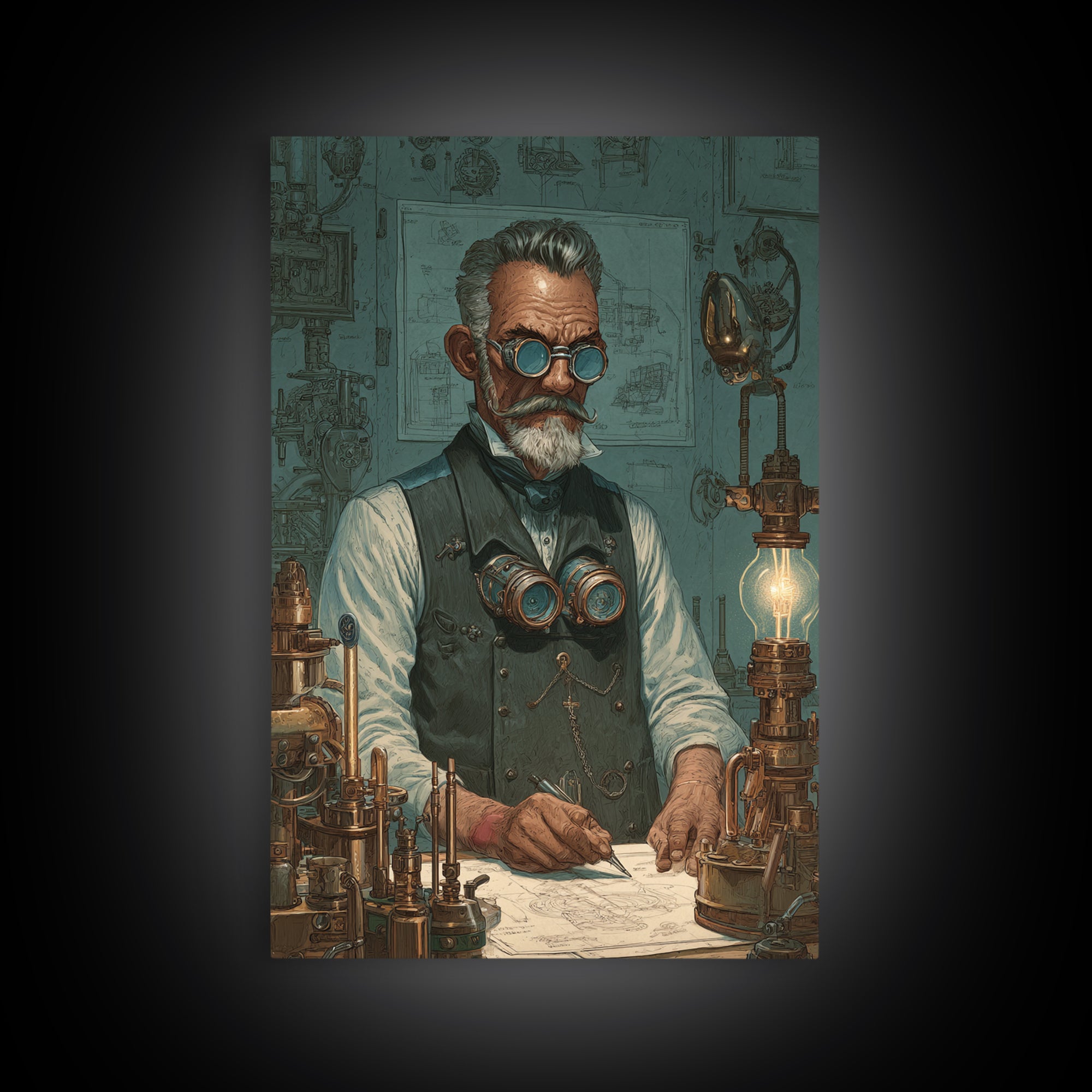 Steampunk Inventor Portrait With Goggles Wall Art, Industrial Office Decor, Science Art Print, Unique Gift For Him, Home Decor