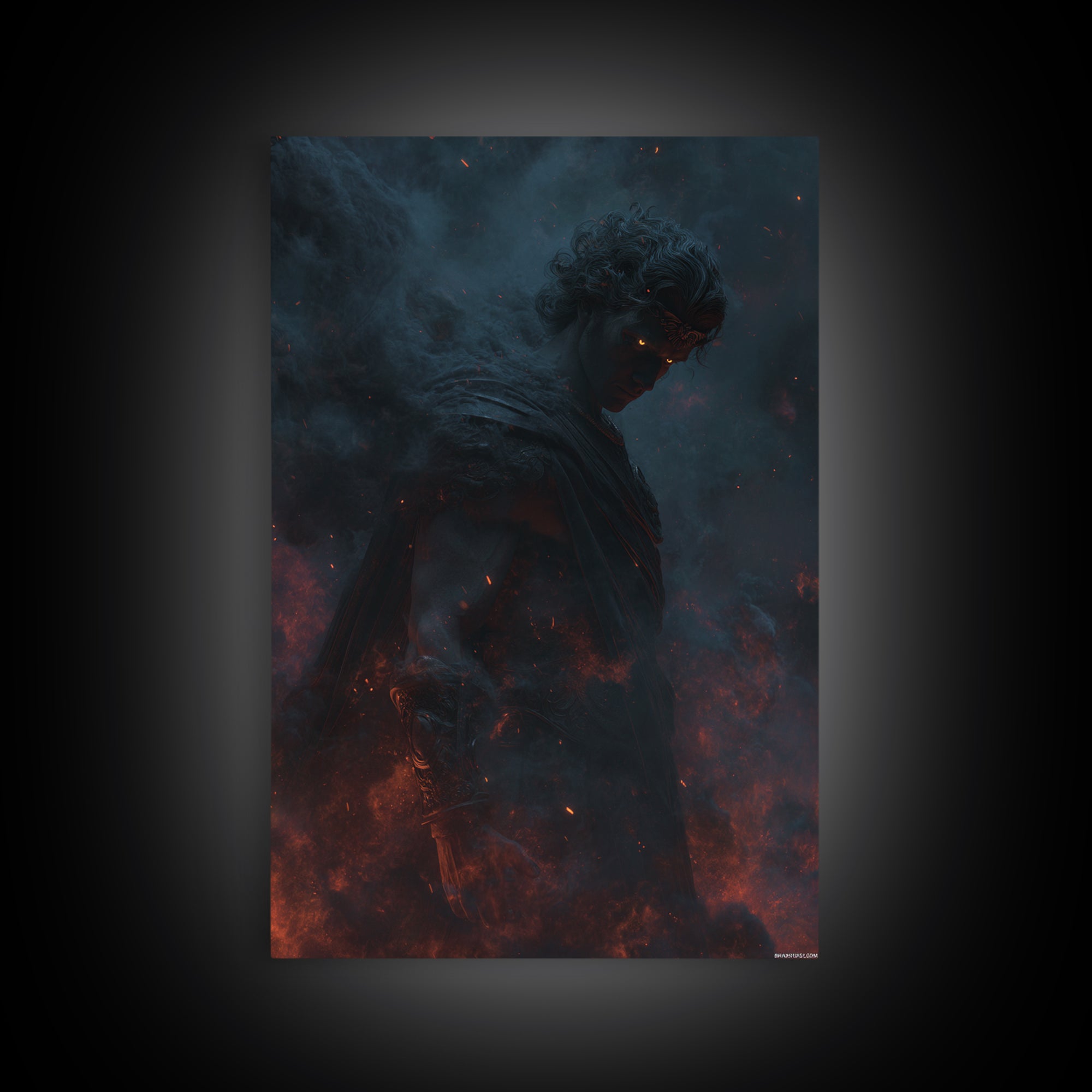 Fiery Dark Warrior With Glowing Eyes Wall Art, Mythological Fantasy Canvas Print, Gothic Decor, Dramatic Office Art For Men