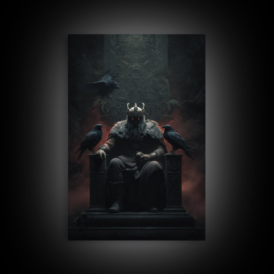 Dark Raven King On Gothic Throne Wall Art, Norse Mythology Fantasy Poster, Moody Viking Decor, Dark Academia Gift For Him
