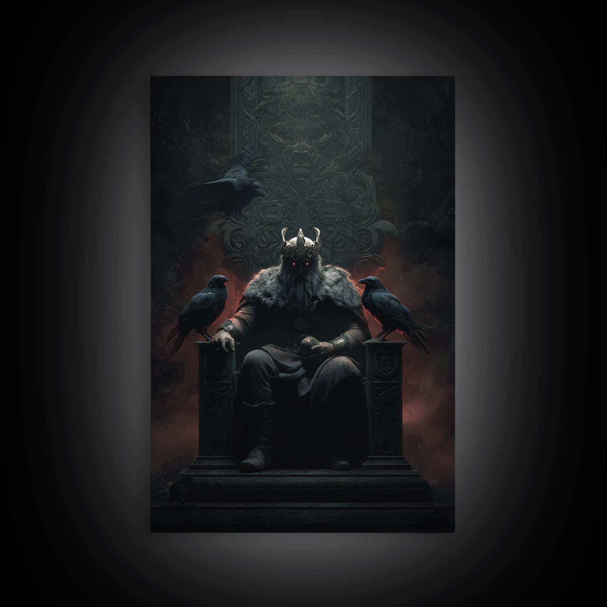 Dark Raven King On Gothic Throne Wall Art, Norse Mythology Fantasy Poster, Moody Viking Decor, Dark Academia Gift For Him