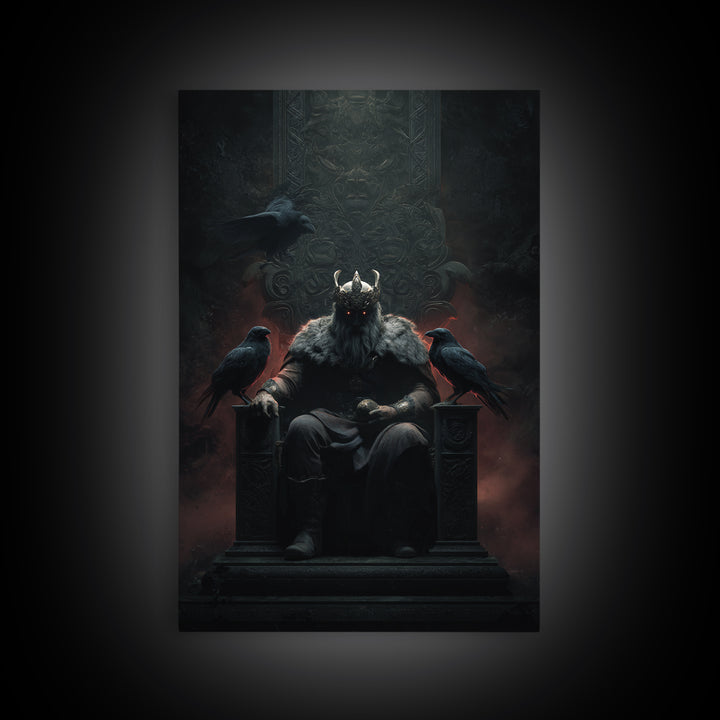 Dark Raven King On Gothic Throne Wall Art, Norse Mythology Fantasy Poster, Moody Viking Decor, Dark Academia Gift For Him