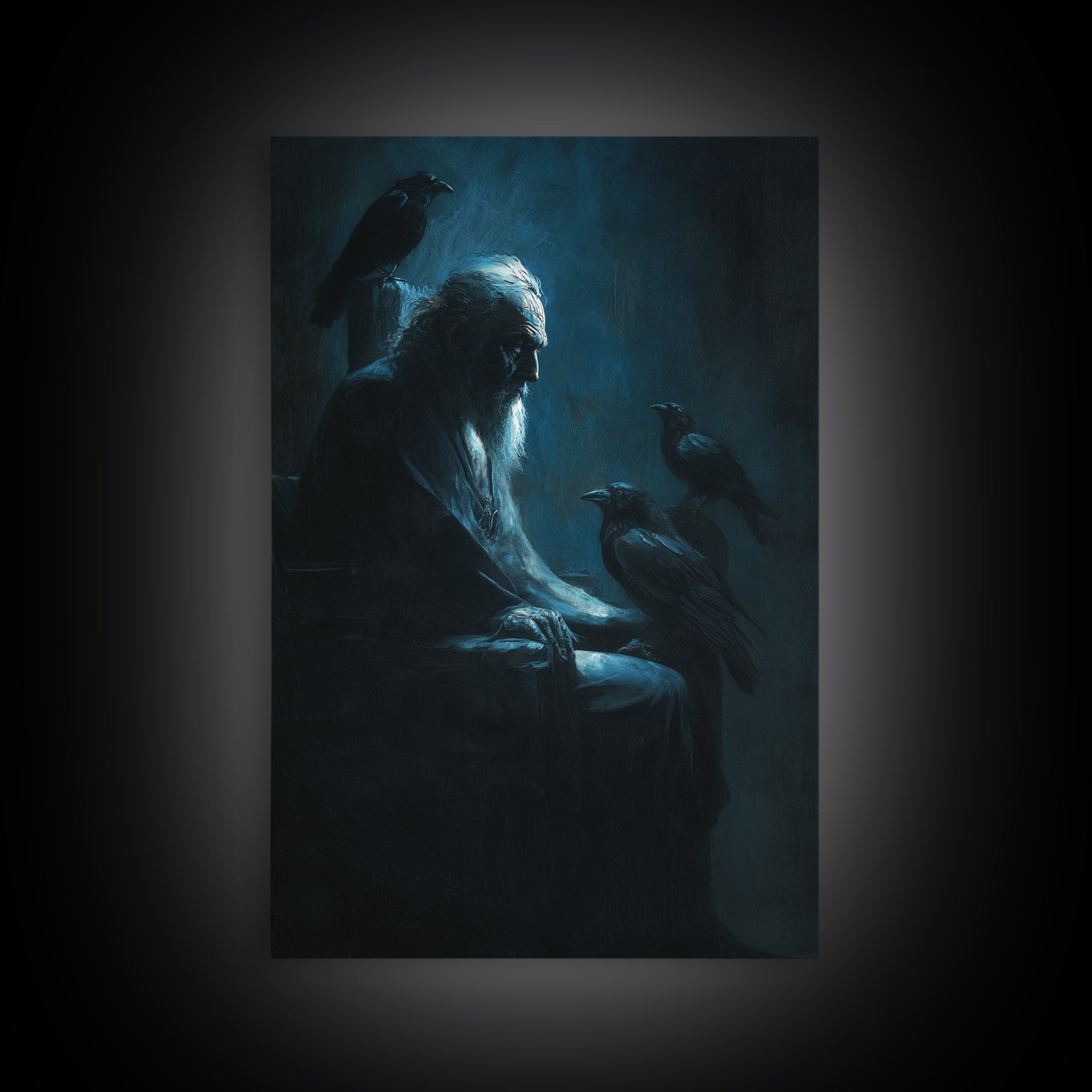 Elder With Ravens In Moody Blue Shadows Wall Art, Gothic Dark Academia Canvas Print For Living Room Decor And Unique Gift