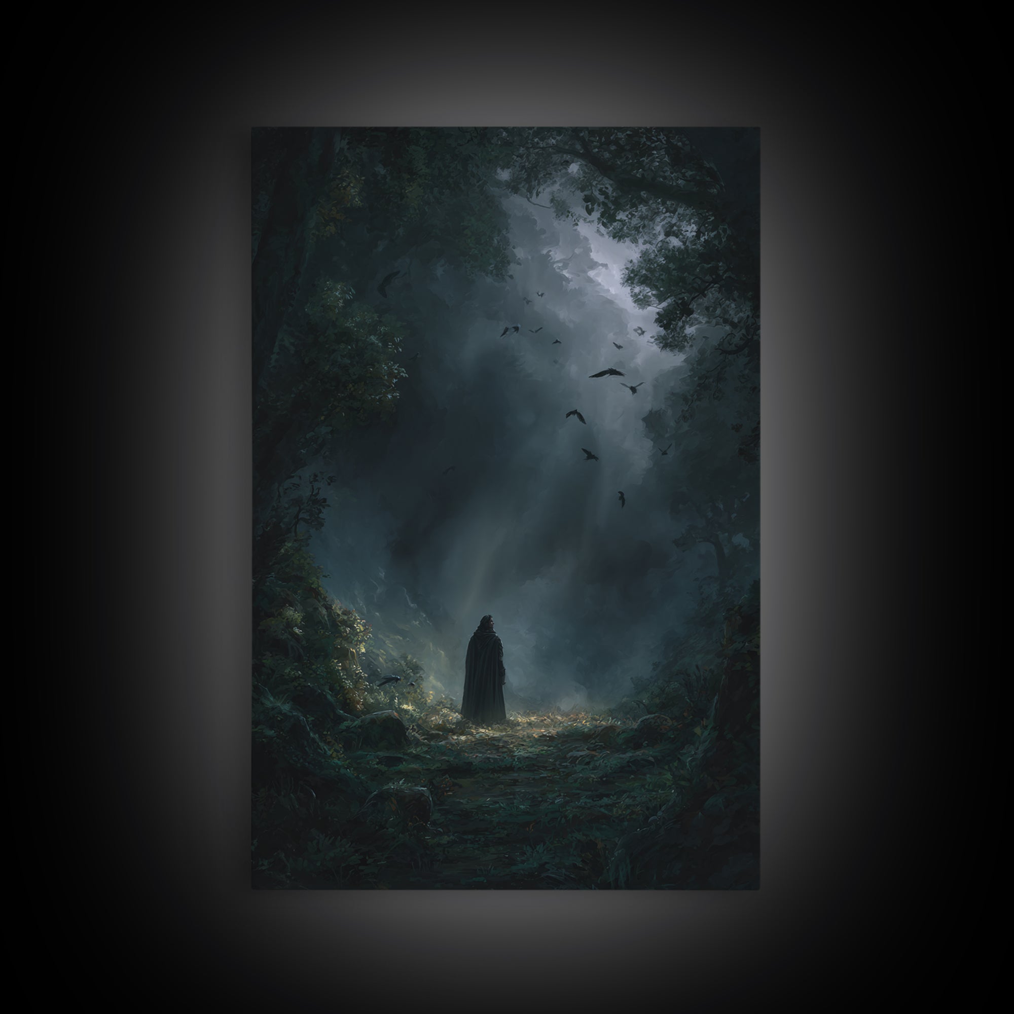 Cloaked Figure In Dark Forest Wall Art, Gothic Fantasy Canvas Print, Moody Nature Decor, Dark Academia Bedroom Wall Decor